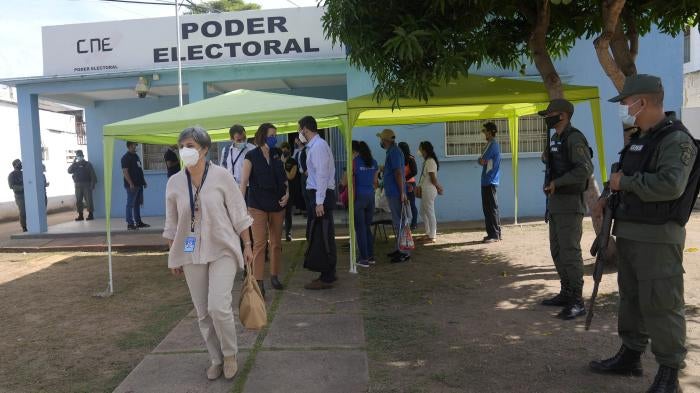 Isabel Santos, front, member of the European Parliament and Chief Observer of the 2021 EU Election Observation Mission to Venezuela, leaves the National Electoral Council headquarters before regional elections in Ciudad Bolivar, Venezuela on November 17, 2021.
