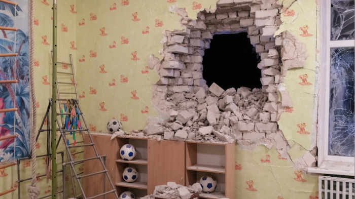 Damage from the shelling of a kindergarten in the settlement of Stanytsia Luhanska, Ukraine, February 17, 2022.