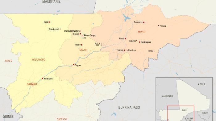 Map of Mali highlighting locations of civilian killings since December 2021. 