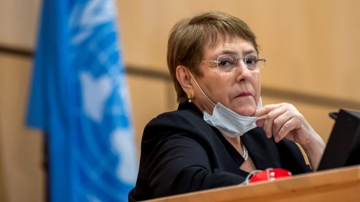 High Commissioner for Human Rights Michelle Bachelet attends a meeting of the Human Rights Council of the United Nations in Geneva, Switzerland, Wednesday, June 17, 2020.