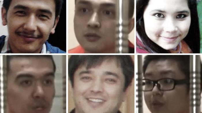 Ilham Tohti's students, from upper left: Mutellip Imin, Perhat Halmurat, Atikem Rozi; lower left: Shohret Nijat, Akbar Imin, Luo Yuwei.