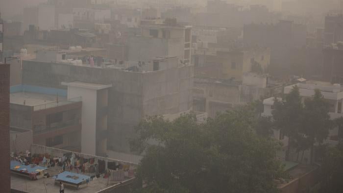 Air pollution in a city skyline