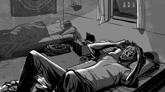 Black-and-white illustration of two men in a bedroom, lying on their beds. One is turned away and seems asleep, covered with a blanket. The other man lies on his back, wearing trousers and a t-shirt, with his eyes wide open, staring at the ceiling. He is holding his head with both hands, he seems frightened