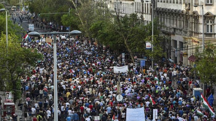 Thousands of people take part in a rally against the Hungarian government's distorting media policies and campaign against civic groups.