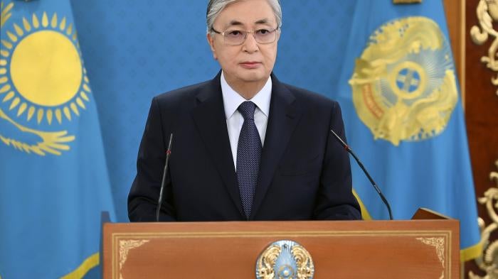 Kazakhstan President Kassym-Jomart Tokaev speaks during his televised address to the nation in Nur-Sultan, Kazakhstan, January 7, 2022.