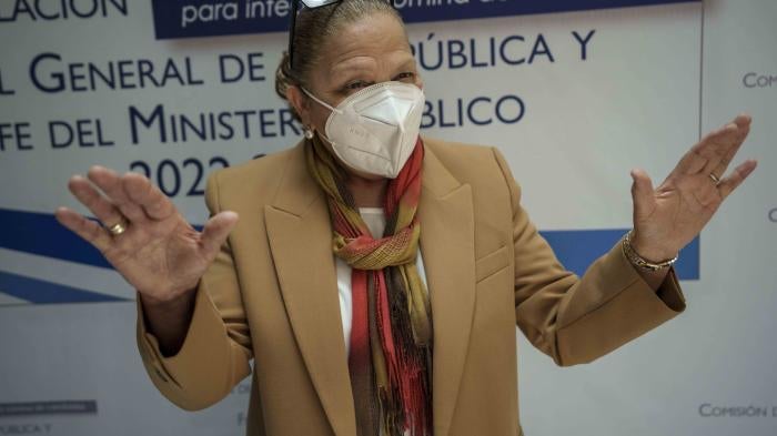 Guatemalan Attorney General Consuelo Porras, who is seeking re-election, speaks to the press after an interview with a nominating commission in Guatemala City, Wednesday, April 6, 2022.