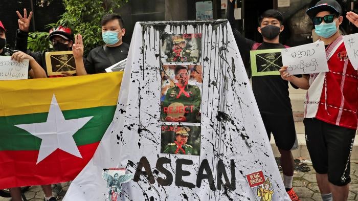 Activists protest the Myanmar military coup during an ASEAN summit in Jakarta, Indonesia, April 24, 2021. 