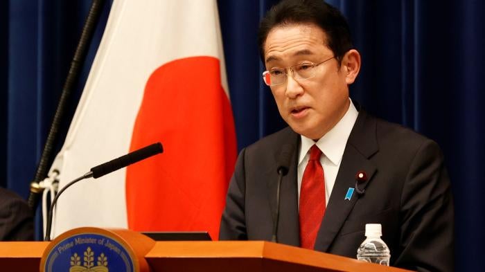 Japan's Prime Minister Fumio Kishida speaks during a press conference at the prime minister's official residence in Tokyo, Japan, April 8, 2022.