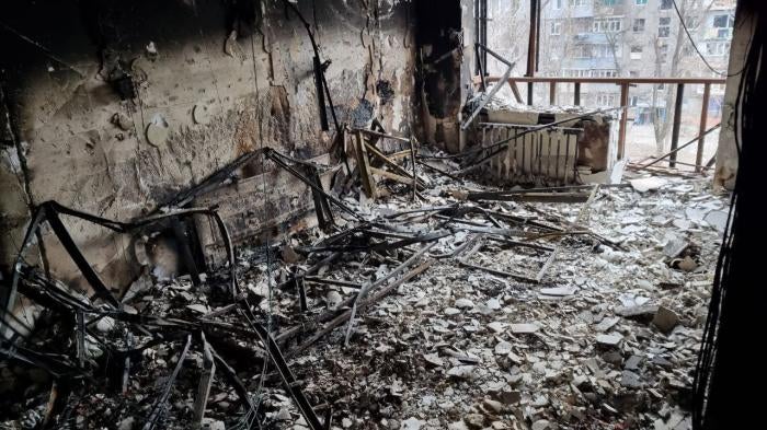 Apartment number 64 at Kuprina Street, 68, Mariupol, is destroyed as a result of fighting, March 30, 2022.