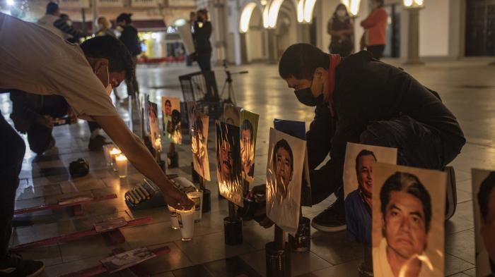 Journalists from Veracruz commemorate their killed colleagues and demand an end to violence against journalists during a nationwide demonstration, at the Zócalo of Veracruz, Mexico, on 25 January 2022.