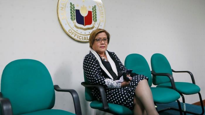 Senator Leila de Lima prepares to address the media after a warrant for her arrest was issued by a regional trial court in Pasay city, Philippines, February 23, 2017.