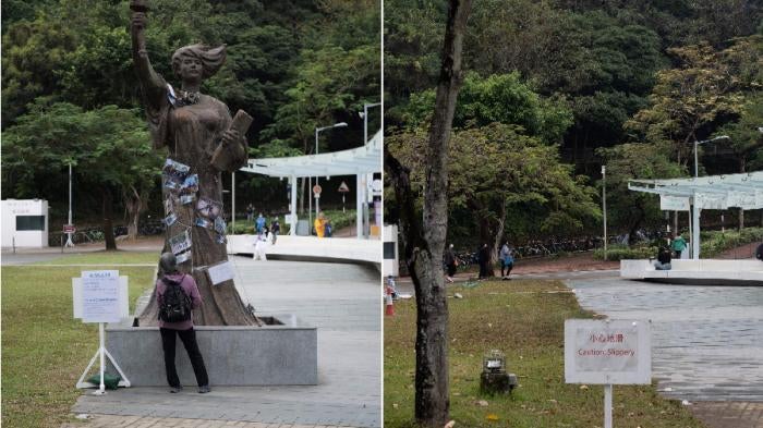 This composite image shows the "Goddess of Democracy" statue at the Chinese University of Hong Kong; and the site after the statue was removed.