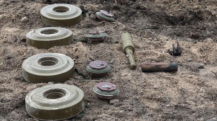 TM-62 anti-vehicle mines found during a mine clearance mission near Bervytsia, a village previously occupied by Russian forces, Kyiv region, Ukraine, April 21, 2022. 