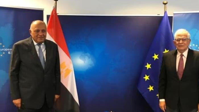EU foreign affairs high representative Josep Borrell (L) meets with Egyptian foreign minister Sameh Shoukry