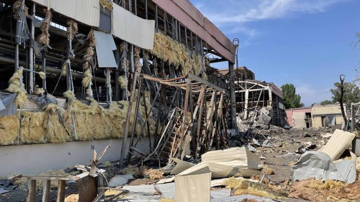 Damage to one of the structures at Kremenchuk Road Vehicle Factory, caused by the second Russian missile which struck the area of the factory on June 27, 2022. Photo taken on June 29, 2022. 