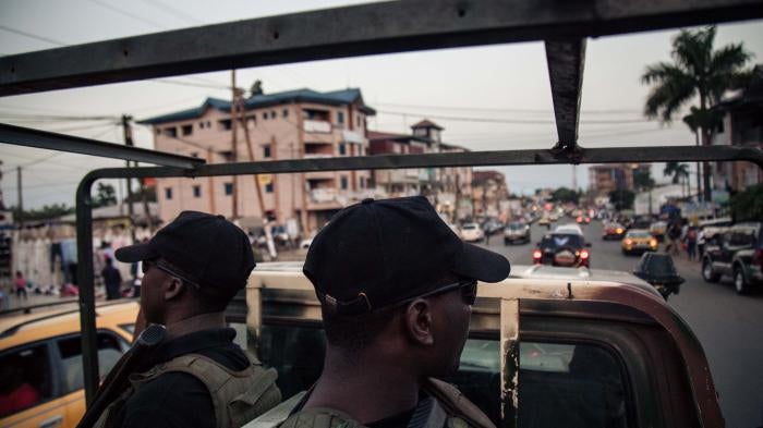 Soldiers of the 21st Motorized Infantry Brigade patrol in the streets of Buea, South-West Region of Cameroon on April 26, 2018. 