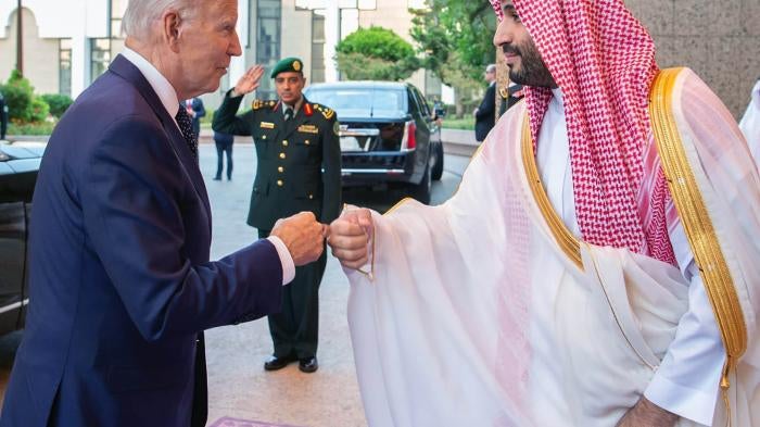 Saudi Crown Prince Mohammed bin Salman, meets President Joe Biden at Al-Salam palace in Jeddah, Saudi Arabia, Friday, July 15, 2022.