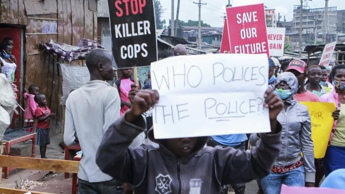 Protesters in Nairobi, Kenya during a demonstration against police brutality on June 8, 2020. 