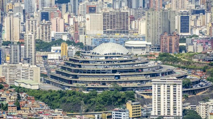 El Helicoide, a complex that functions as the headquarters of the Bolivarian National Intelligence Service (SEBIN) and a prison where many political prisoners are held, in Caracas, Venezuela.