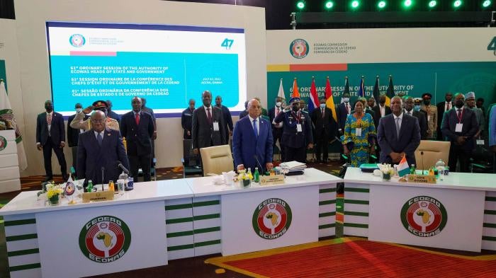 Leaders attend ECOWAS summit to discuss transitional roadmap for Mali, Burkina Faso, and Guinea, in Accra, Ghana, July 3, 2022. 