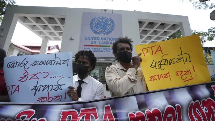 Sri Lankan human rights activists protest against the Prevention of Terrorism Act outside the UN office in Colombo, March 3, 2022.