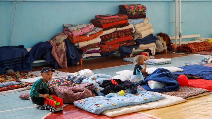 hildren evacuated from their villages after recent clashes on the Kyrgyz-Tajik border, are seen in a school which has been turned into a temporary shelter.