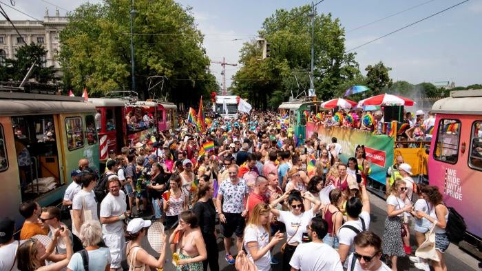 Participants attend the Euro Pride 2019 gay pride parade in Vienna, Austria on June 15, 2019. © JOE KLAMAR/AFP via Getty Images