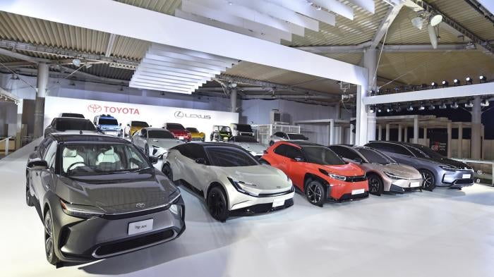 Toyota electric vehicles are displayed at Odaiba Showroom in Tokyo.