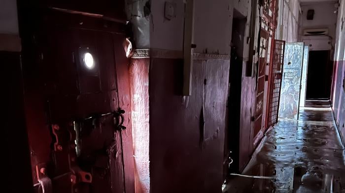 A hallway of cells in Izium Central Police Station which Russian forces used to detain people, September 23, 2022 