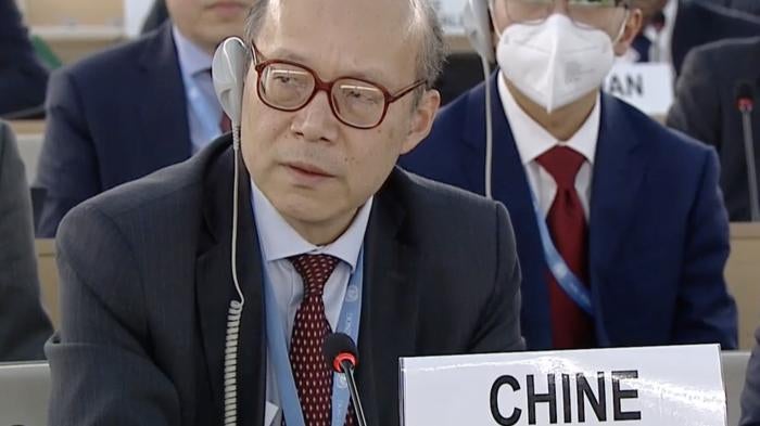Chinese Ambassador Chen Xu speaking during the vote on the Human Rights Council decision
