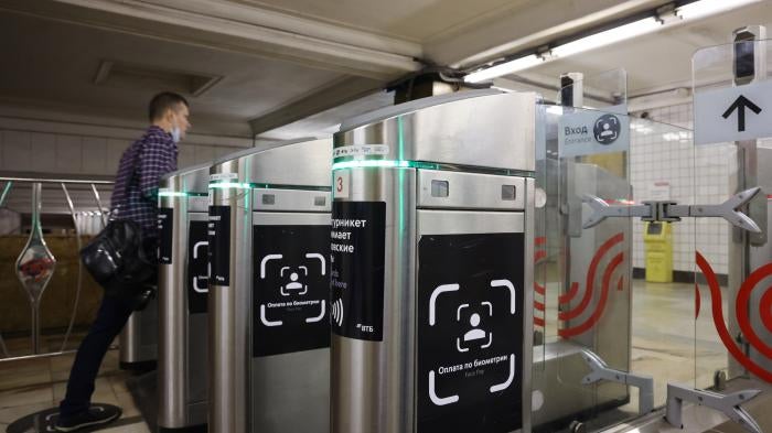 Facial recognition payment gates at Smolenskaya metro station in Moscow, Russia.