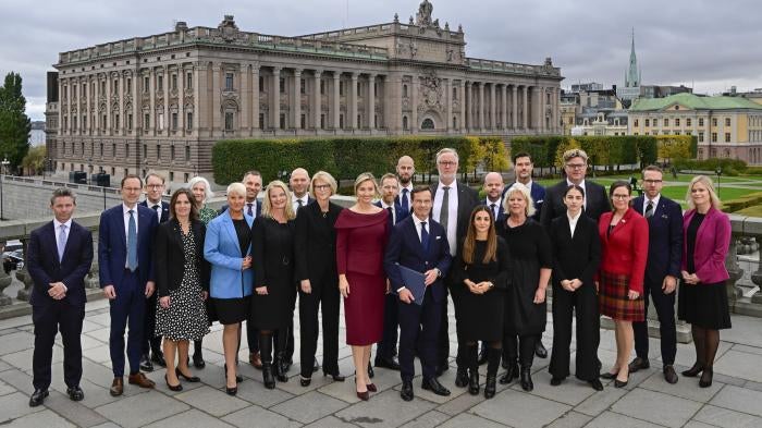 The new Swedish government pictured on Lejonbacken's terrace at Stockholm Palace, Sweden.