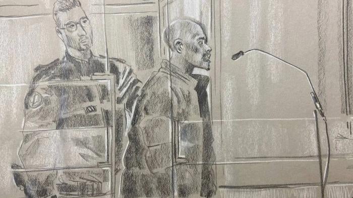 A courtroom sketch showing Kunti Kamara addressing the Paris Criminal Court during his trial, October 2022. 