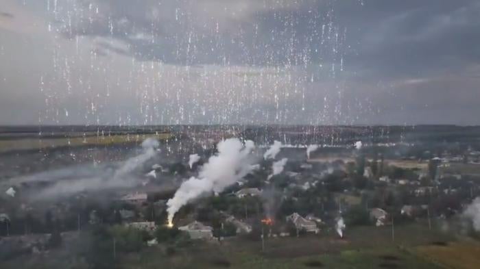 Incendiary weapons fall over the city of Bakhmut, in the Donetsk region of Ukraine, on November 1, 2022. 