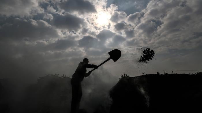 An Egyptian laborer works at a charcoal factory in Egypt's Sharkia governorate, in the fertile Delta north of the capital Cairo, on Jan. 29, 2020.