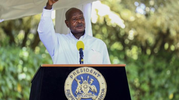 President Yowerei Museveni speaks during a news conference in Entebbe, Uganda.