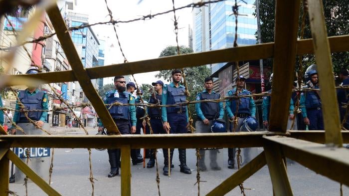 Police set up a roadblock near the opposition Bangladesh Nationalist Party's central office in Dhaka.