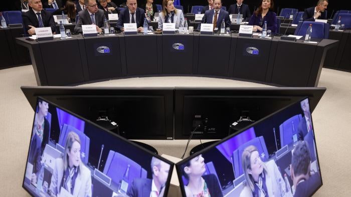 Roberta Metsola, president of the European Parliament meets the presidents of political groups in a special meeting to decide the impeachment of the vice president, Eva Kaili.
