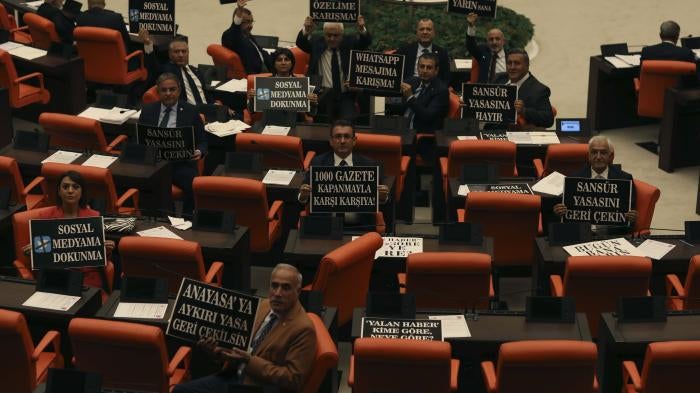 Opposition members of parliament hold up placards protesting the Erdoğan government’s proposed law to criminalize disinformation and tighten control over social media as an attempt to increase censorship in the run up to 2023 elections; October 11, 2022. 