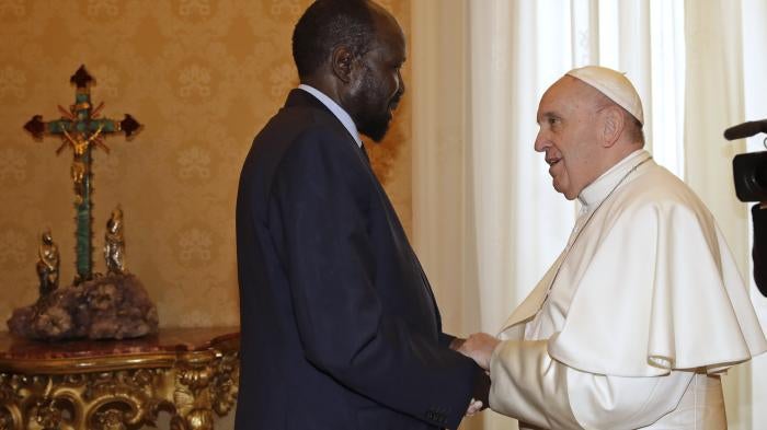 South Sudan President Salva Kiir meets Pope Francis.