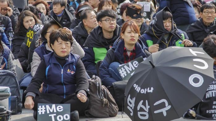 Union members at an International Women’s Day event in Seoul