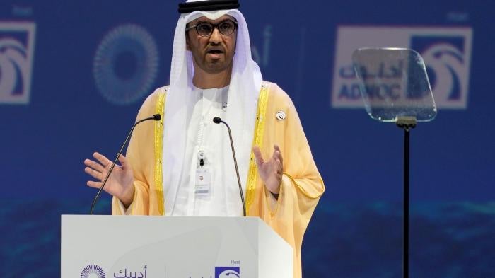 UAE Minister of State and CEO of the Abu Dhabi National Oil Co. Sultan Ahmed al-Jaber talks during the Abu Dhabi Sustainability Week's opening ceremony, in Abu Dhabi, United Arab Emirates, January 16, 2023. 