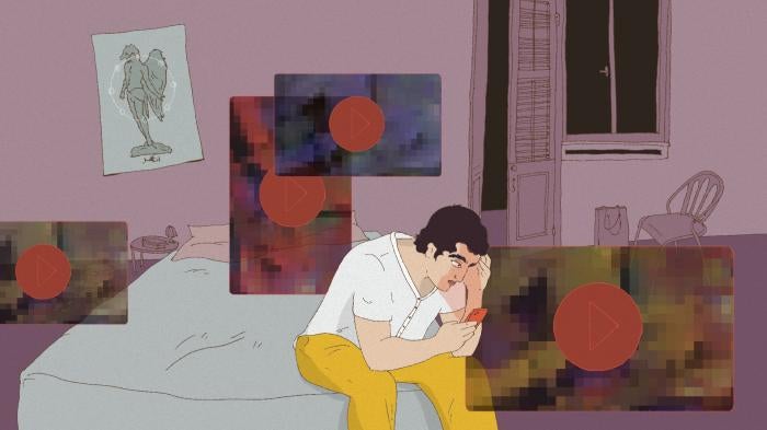 Illustration of a man looking at his phone on his bed