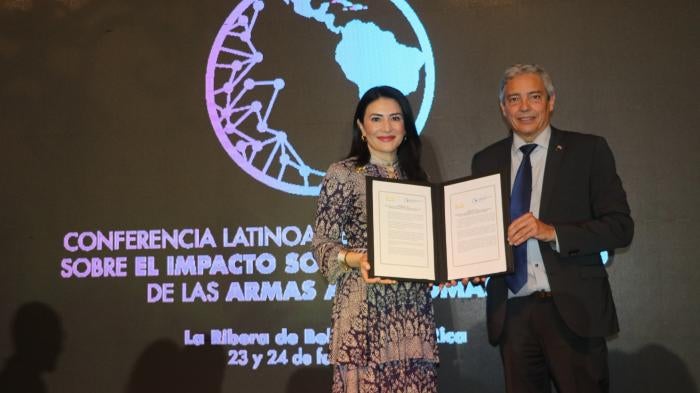 Costa Rican Ambassador to the United Nations Martiza Chan and Vice Minister for Foreign Affairs Christian Guillermet-Fernandez present newly adopted Belén Communiqué.
