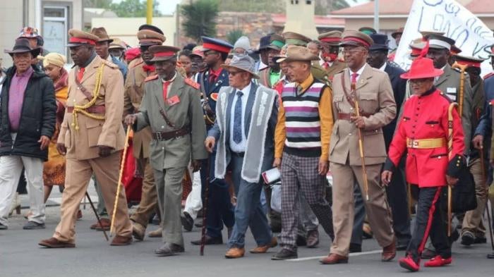 Chiefs of the Nama and Ovaherero peoples during the annual ‘reparations walk’ in Swakopmund, Namibia calling for reparations for the ongoing impact of the genocide committed by Germany’s colonial rule between 1904 and 1908.