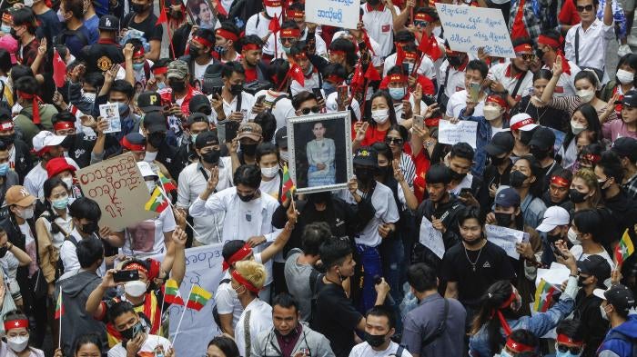 Demonstrators protest against the ruling military junta during a rally to mark the second anniversary of the coup in Myanmar outside the Myanmar embassy in Bangkok, Thailand.