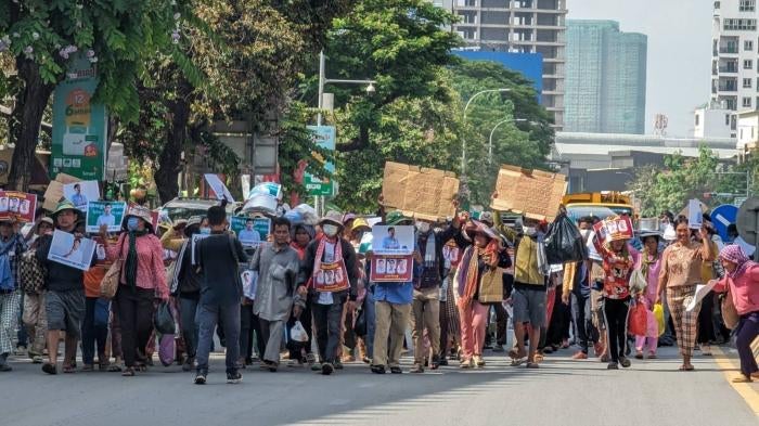 Coalition of Cambodian Farmer Community (CCFC) supporters march to the Ministry of Interior in Phnom Penh on May 22, 2023, to demand the release of three of their members charged with plotting and incitement. 
