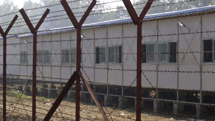 Repatriation camps built for Rohingya refugees are surrounded by barbed-wire in Rakhine State, Myanmar.