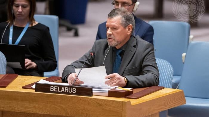 Valentin Rybakov, permanent representative of Belarus to the United Nations, addresses the Security Council meeting on threats to international peace and security, New York, US.
