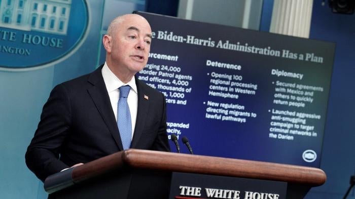 US Department of Homeland Security Secretary Alejandro Mayorkas speaks at a press briefing at the White House in Washington, DC on May 11, 2023.